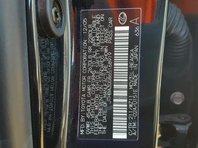 JTHBA30G865168919 - 2006 LEXUS ES 330 BLACK photo 10