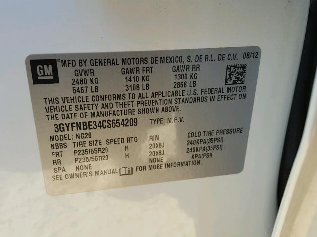 3GYFNBE34CS654209 - 2012 CADILLAC SRX PERFOR WHITE photo 10