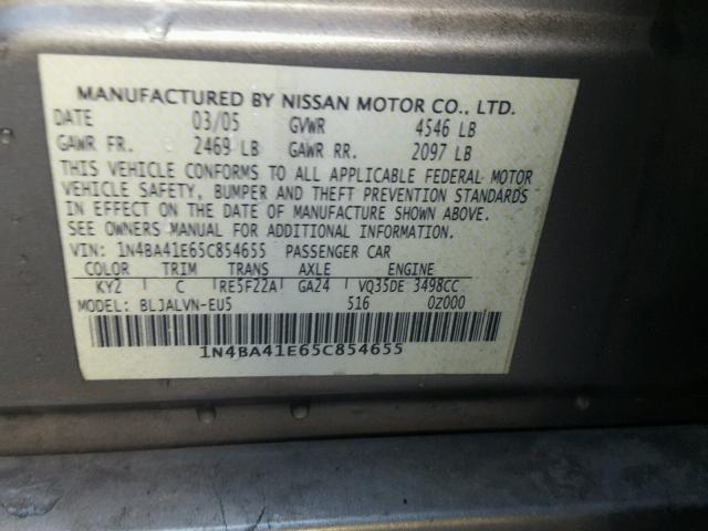 1N4BA41E65C854655 - 2005 NISSAN MAXIMA SE GRAY photo 10