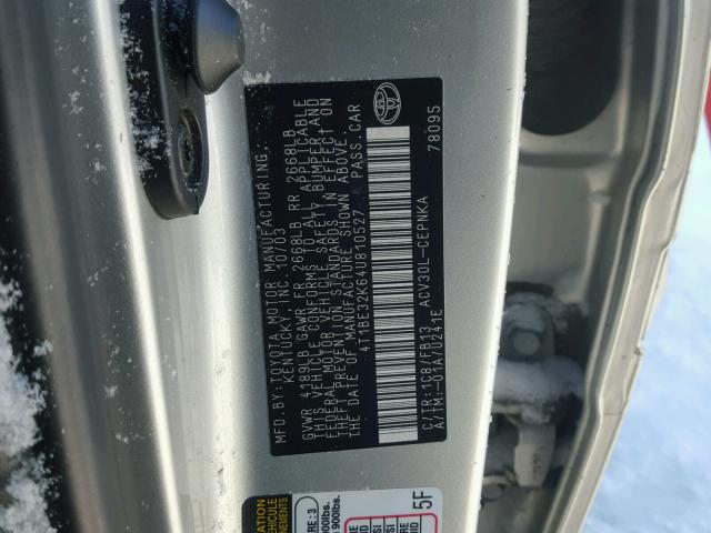 4T1BE32K64U810527 - 2004 TOYOTA CAMRY LE ვერცხლისფერი ფოტო 10