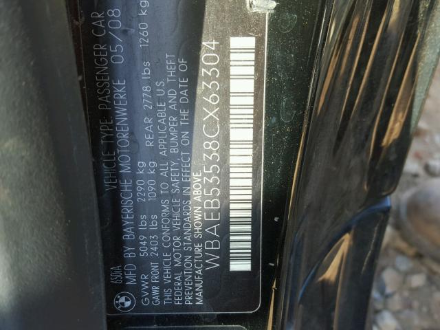 WBAEB53538CX63304 - 2008 BMW 650 I BLACK photo 10