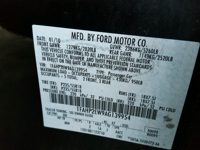 1FAHP2EW9AG139954 - 2010 FORD TAURUS SEL BLACK photo 10