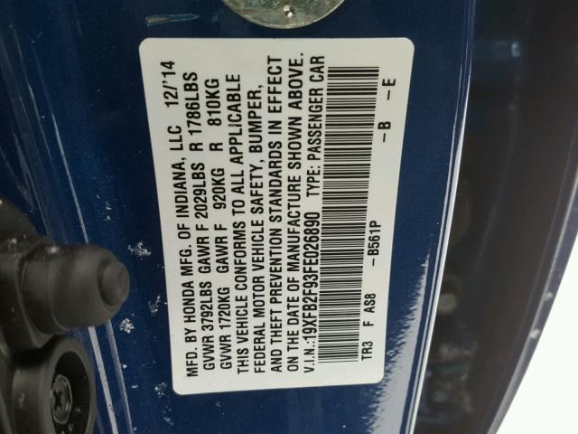 19XFB2F93FE026890 - 2015 HONDA CIVIC EXL BLUE photo 10