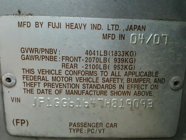 JF1GG61647H819093 - 2007 SUBARU IMPREZA 2. SILVER photo 10