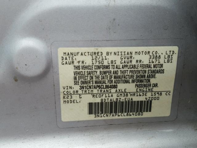 3N1CN7AP6CL864080 - 2012 NISSAN VERSA S SILVER photo 10