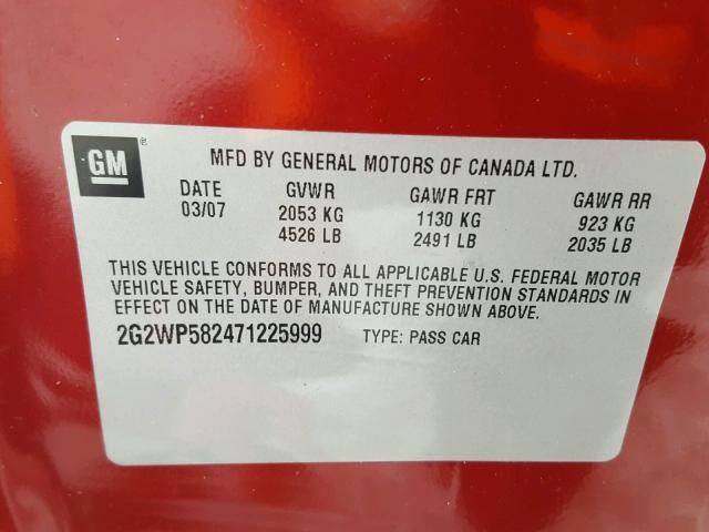 2G2WP582471225999 - 2007 PONTIAC GRAND PRIX წითელი ფოტო 10