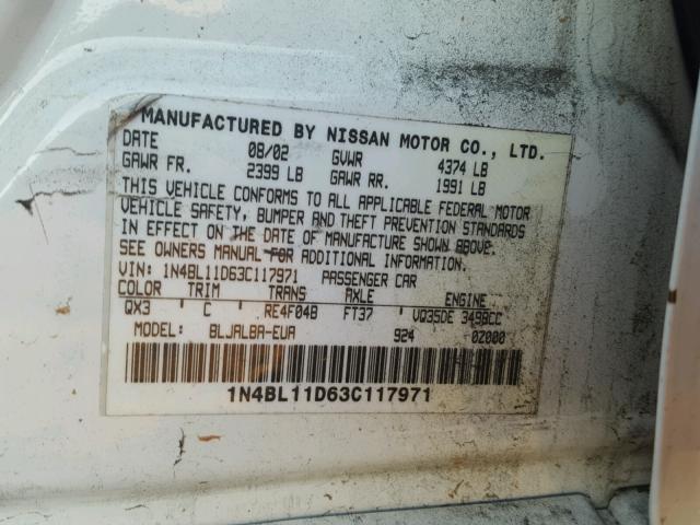 1N4BL11D63C117971 - 2003 NISSAN ALTIMA SE WHITE photo 10