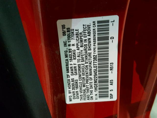 1HGEM22945L077382 - 2005 HONDA CIVIC EX Kırmızı fotoğraf 10