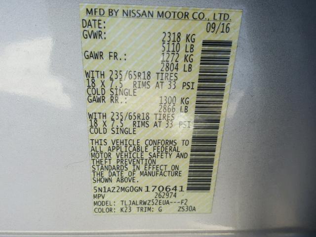 5N1AZ2MG0GN170641 - 2016 NISSAN MURANO S SILVER photo 10