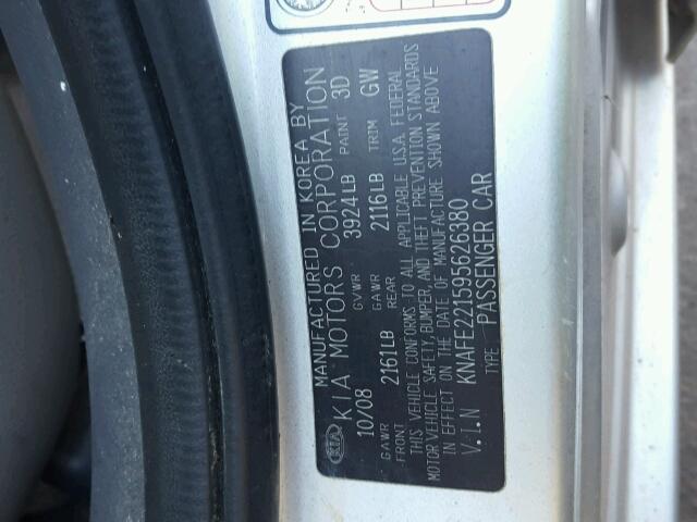 KNAFE221595626380 - 2009 KIA SPECTRA EX SILVER photo 10