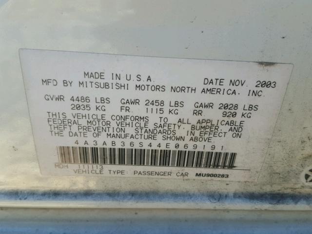 4A3AB36S44E069191 - 2004 MITSUBISHI GALANT LS WHITE photo 10