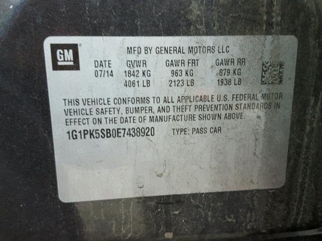 1G1PK5SB0E7438920 - 2014 CHEVROLET CRUZE LT GRAY photo 10