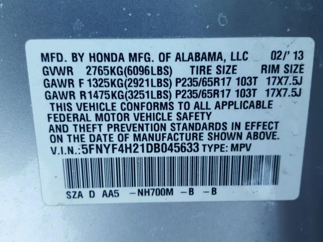 5FNYF4H21DB045633 - 2013 HONDA PILOT LX SILVER photo 10