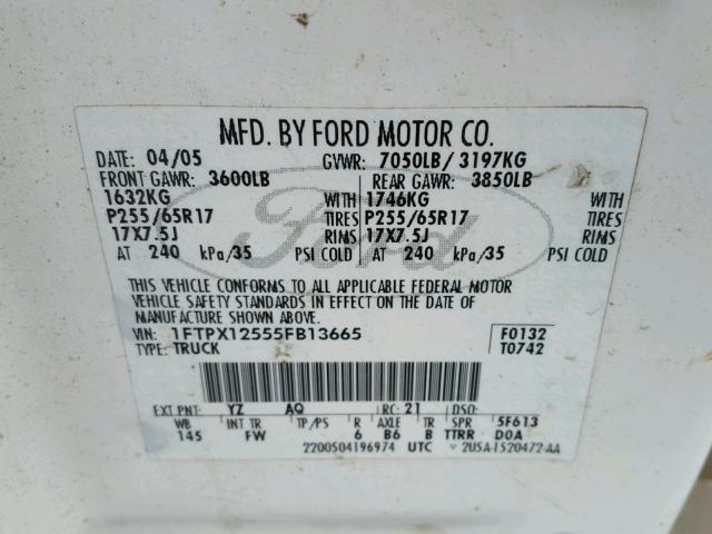 1FTPX12555FB13665 - 2005 FORD F150 WHITE photo 10