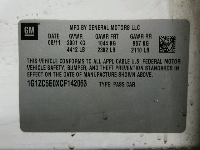 1G1ZC5E0XCF142063 - 2012 CHEVROLET MALIBU 1LT 白色 照片 10