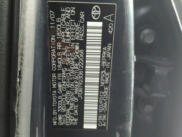 JTDBT923081222068 - 2008 TOYOTA YARIS CHARCOAL photo 10