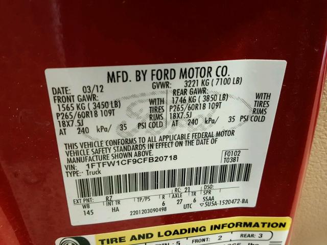 1FTFW1CF9CFB20718 - 2012 FORD F150 SUPER RED photo 10