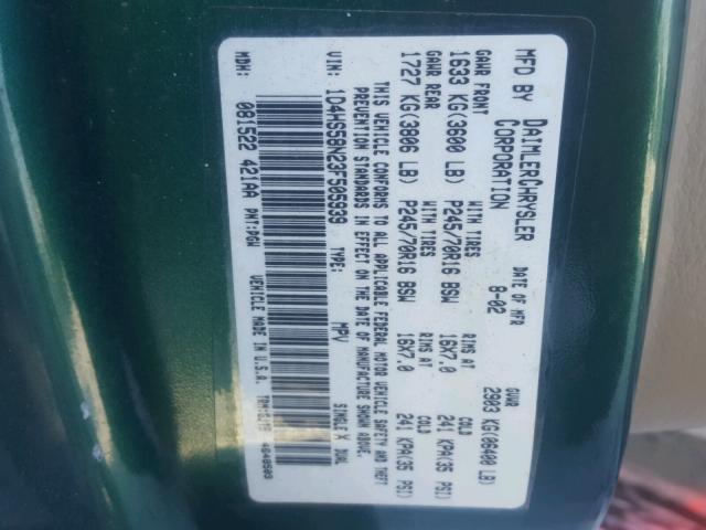 1D4HS58N23F505939 - 2003 DODGE DURANGO SL GREEN photo 10