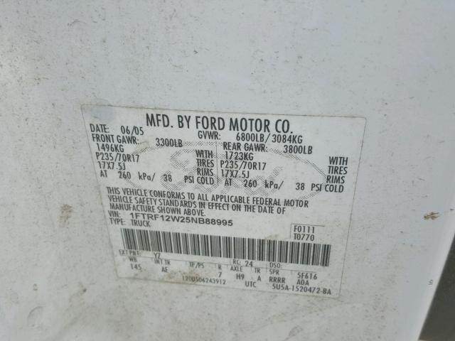 1FTRF12W25NB88995 - 2005 FORD F150 WHITE photo 10