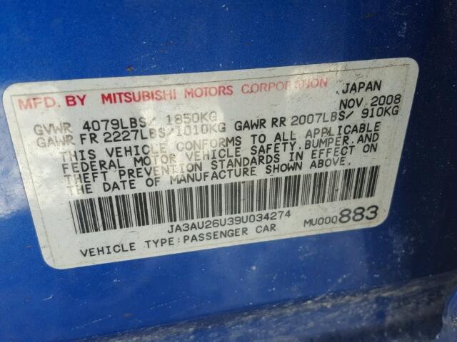 JA3AU26U39U034274 - 2009 MITSUBISHI LANCER ES/ BLUE photo 10