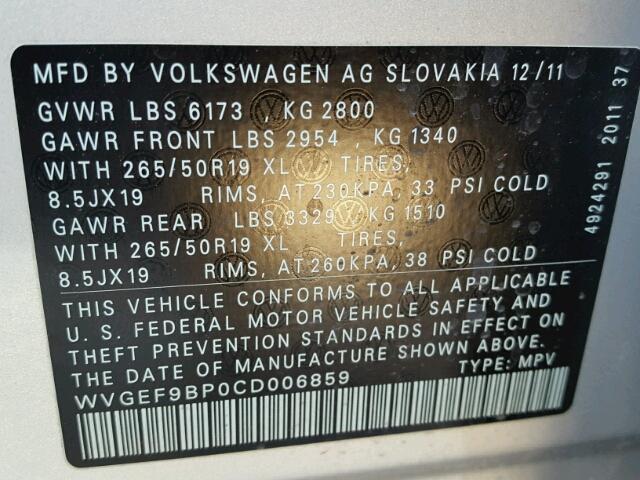 WVGEF9BP0CD006859 - 2012 VOLKSWAGEN TOUAREG V6 SILVER photo 10