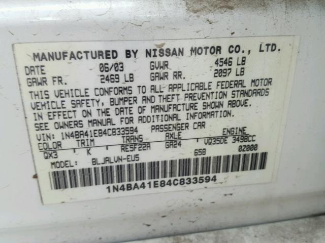 1N4BA41E84C833594 - 2004 NISSAN MAXIMA SE WHITE photo 10