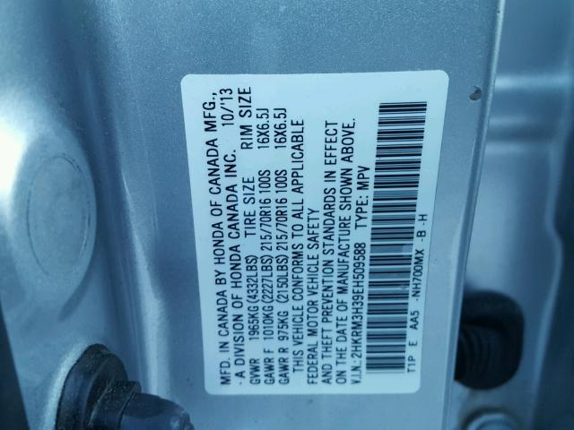 2HKRM3H39EH509588 - 2014 HONDA CR-V LX SILVER photo 10