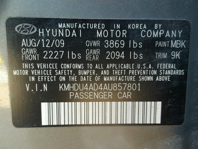 KMHDU4AD4AU857801 - 2010 HYUNDAI ELANTRA BL GRAY photo 10