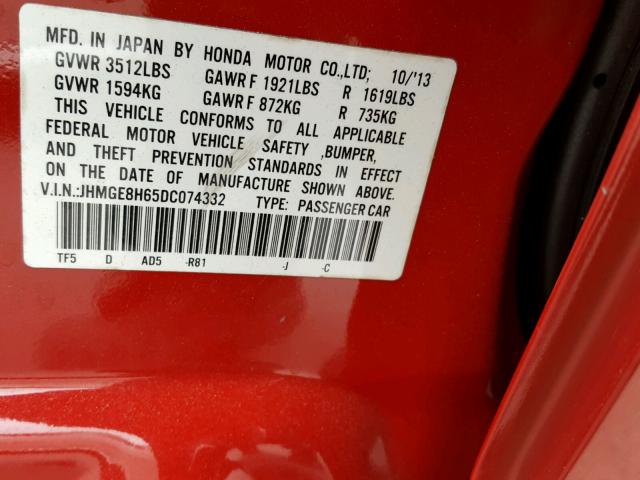 JHMGE8H65DC074332 - 2013 HONDA FIT SPORT RED photo 10