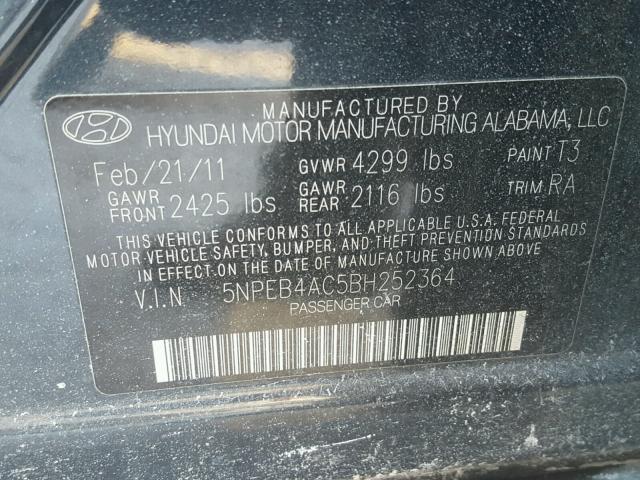 5NPEB4AC5BH252364 - 2011 HYUNDAI SONATA GLS BLACK photo 10