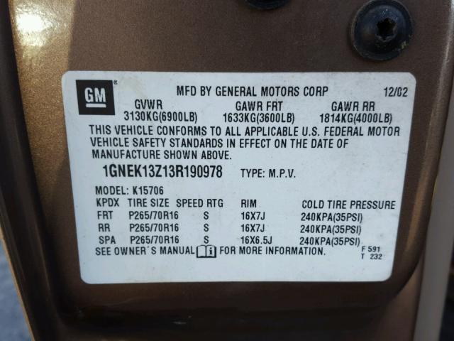 1GNEK13Z13R190978 - 2003 CHEVROLET TAHOE K150 GOLD photo 10