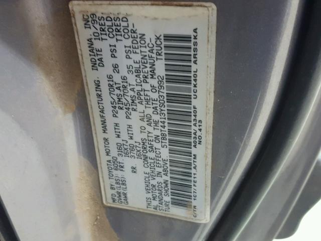 5TBBT4413YS037992 - 2000 TOYOTA TUNDRA ACC GRAY photo 10