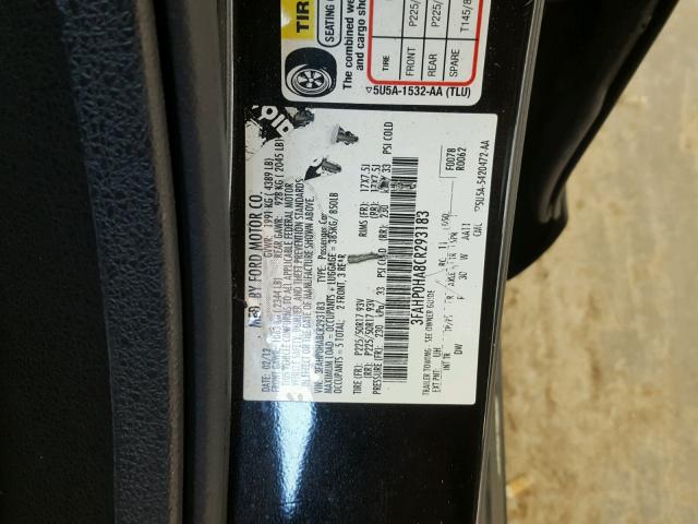 3FAHP0HA8CR293183 - 2012 FORD FUSION SE BLACK photo 10