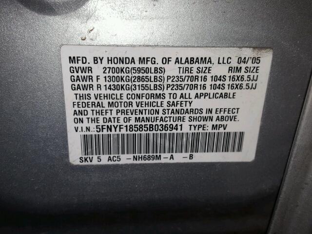 5FNYF18585B036941 - 2005 HONDA PILOT EXL SILVER photo 10