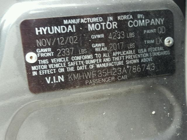 KMHWF35H23A786743 - 2003 HYUNDAI SONATA GLS GRAY photo 10