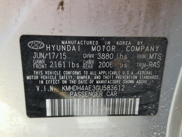 KMHDH4AE3GU583612 - 2016 HYUNDAI ELANTRA SE SILVER photo 10