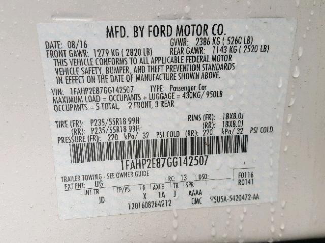 1FAHP2E87GG142507 - 2016 FORD TAURUS SEL WHITE photo 10