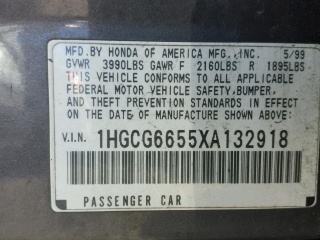 1HGCG6655XA132918 - 1999 HONDA ACCORD LX GRAY photo 10