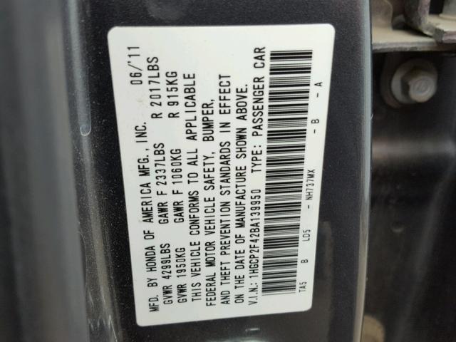 1HGCP2F42BA139950 - 2011 HONDA ACCORD LXP CHARCOAL photo 10