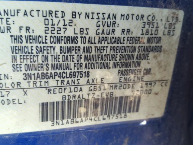 3N1AB6AP4CL697518 - 2012 NISSAN SENTRA 2.0 BLUE photo 10