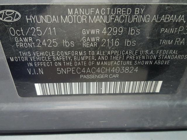 5NPEC4AC4CH403824 - 2012 HYUNDAI SONATA SE GRAY photo 10