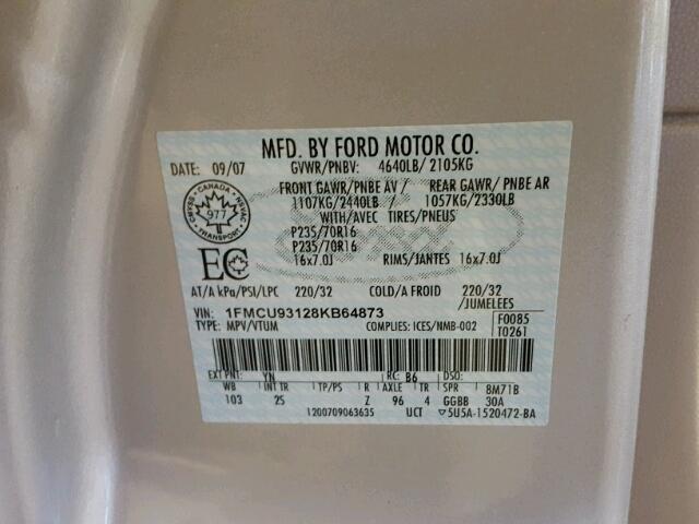 1FMCU93128KB64873 - 2008 FORD ESCAPE XLT SILVER photo 10