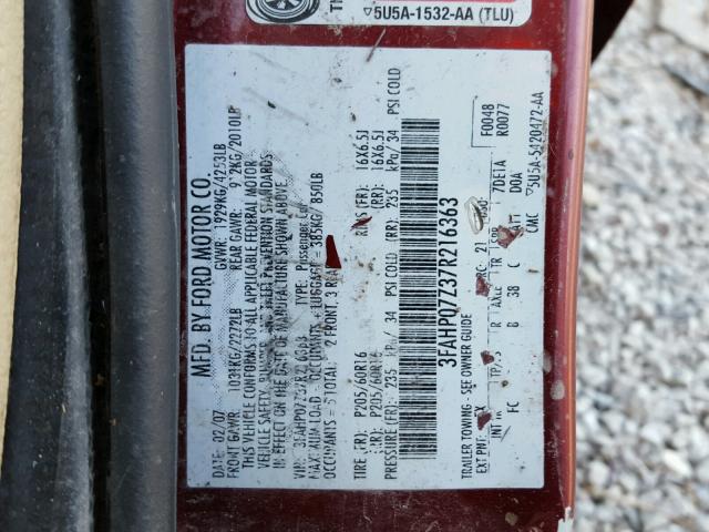 3FAHP07Z37R216363 - 2007 FORD FUSION SE BURGUNDY photo 10