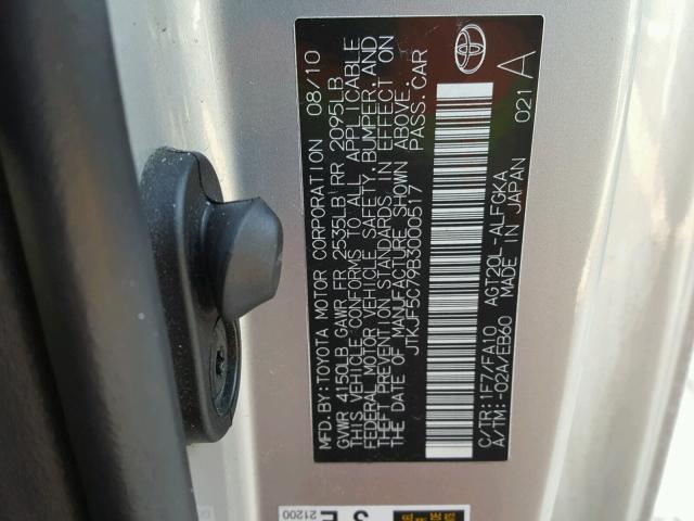 JTKJF5C79B3000517 - 2011 TOYOTA SCION TC 银色 照片 10