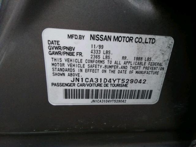 JN1CA31D4YT529042 - 2000 NISSAN MAXIMA GLE GRAY photo 10