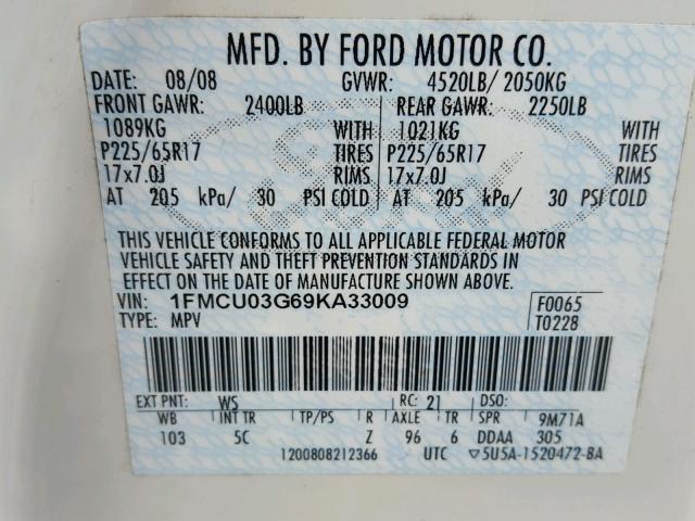 1FMCU03G69KA33009 - 2009 FORD ESCAPE XLT WHITE photo 10