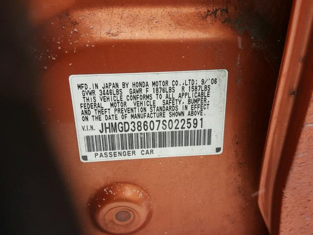 JHMGD38607S022591 - 2007 HONDA FIT S ORANGE photo 10