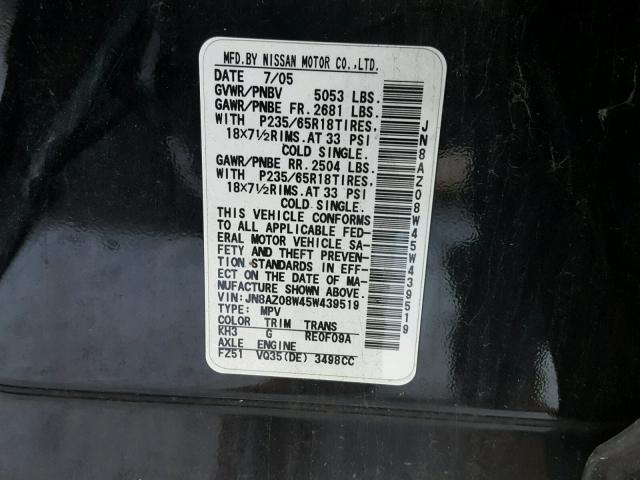 JN8AZ08W45W439519 - 2005 NISSAN MURANO SL BLACK photo 10