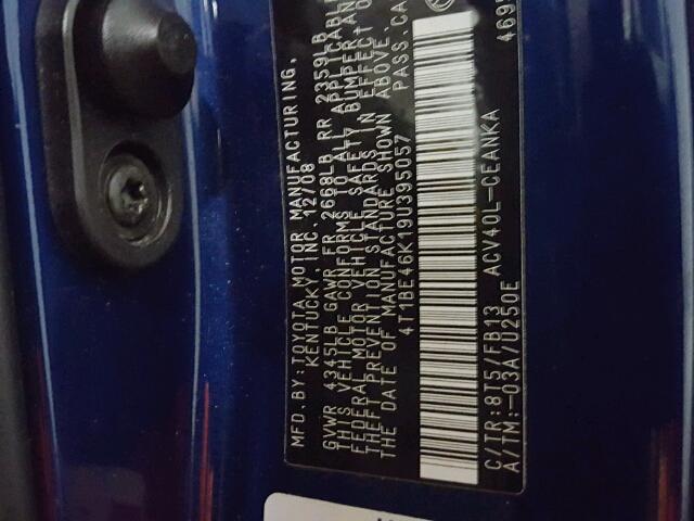 4T1BE46K19U395057 - 2009 TOYOTA CAMRY BASE BLUE photo 10