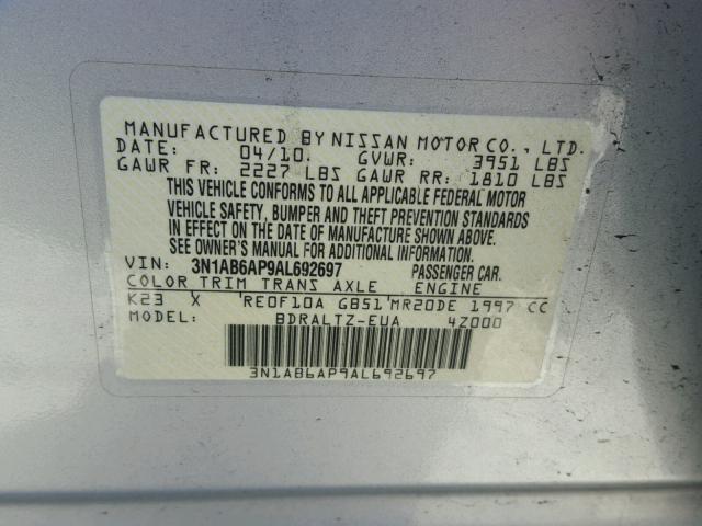 3N1AB6AP9AL692697 - 2010 NISSAN SENTRA 2.0 SILVER photo 10